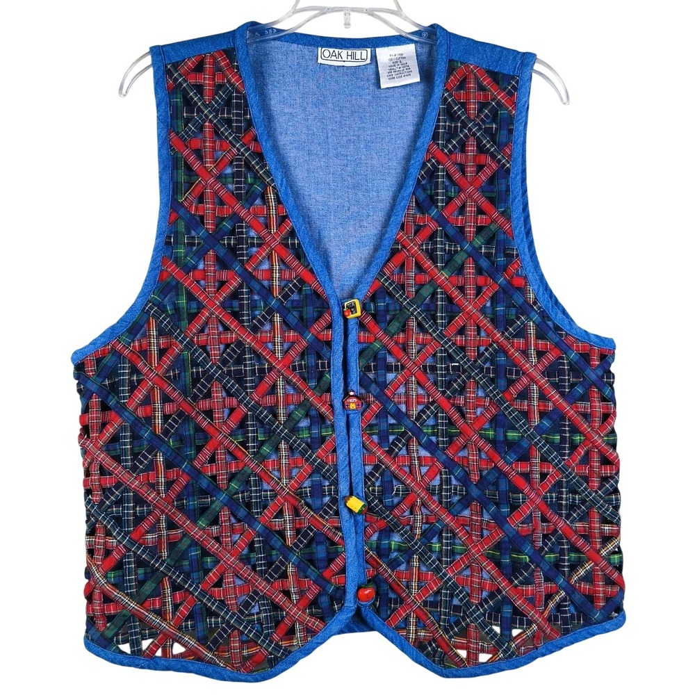Vintage Oak Hill Patchwork Plaid Vest Apple Buttons Teacher Core Women's L‎